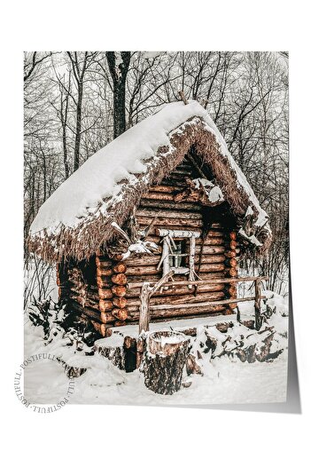 Postifull Rustic Unframed Poster, Scandinavian Brown Painting, No:112 Snow-Covered Hut Photo, Vertical