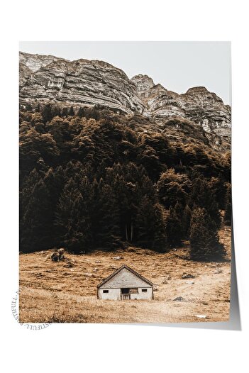 Postifull Rustic Unframed Poster, Scandinavian Brown Painting, No:25 Mountains and Small Wooden House Photo Vertical