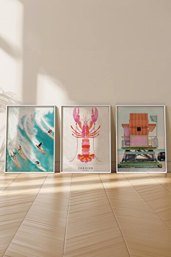 Postifull Summer Themed Painting Set, 3Pcs White Frames and Poster - Bedroom, Living Room, Kitchen Wall Decor