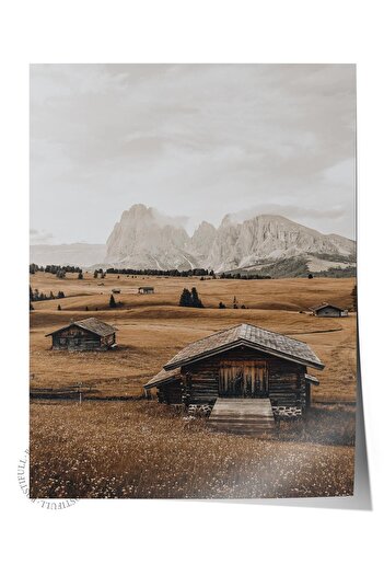 Postifull Rustic Unframed Poster, Scandinavian Brown Painting, No:33 Wooden Houses and Mountains Photo, Vertical