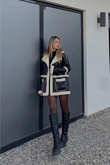 ZF BUTİK BlacK Furry Women's Leather JacKet - Double Breasted Collar Coat