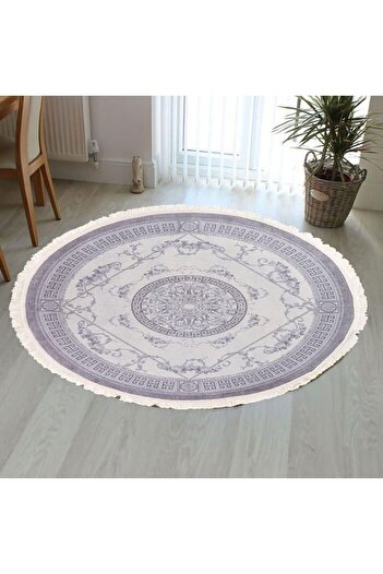 In House Velvet Turkish Round Decorative Carpet -Grey - 120x120 cm