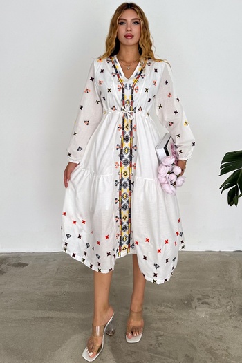 FEMELLE White V-neck Embroidered Cotton Women's Dress - lined