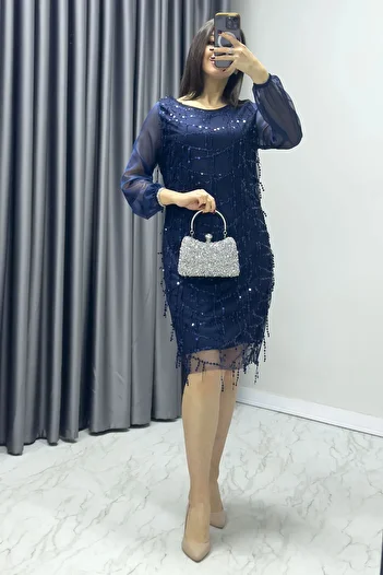 Bersi Butik Plus Size Navy Blue Sequin Evening Dress