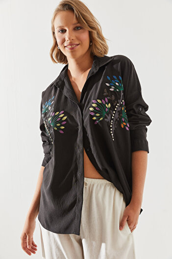 Bianco Lucci Stone Leaf Embroidered Oversize Women's Shirt - 5929 60251482
