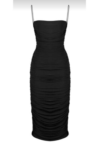 Zagrep Women's Black Draped Gathered Strap Lined Midi Dress