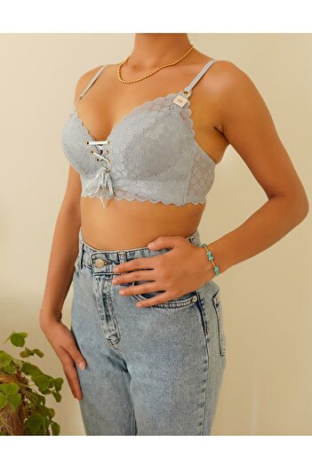 F.K Front Tied Unsupported Lace Detailed Bra Black Gray 1206