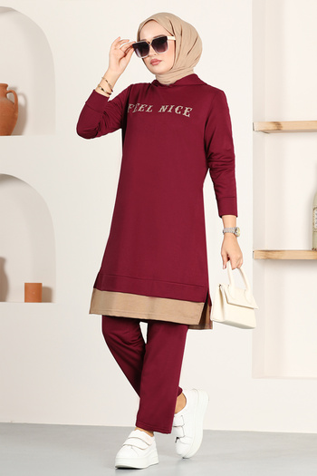 ModaMerve Claret Red Hooded Double Set - Msv5623