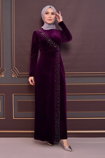 ModaMerve Plum Velvet Evening Dress - Asm2407 Model