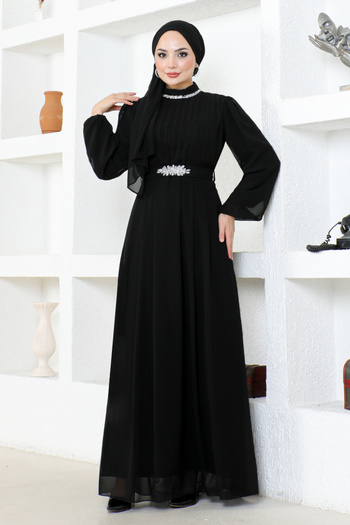 ModaMerve Black Chiffon Evening Dress - LPN6056 Model