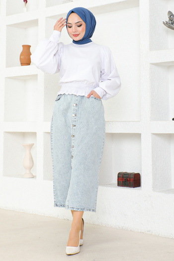 ModaMerve FLR213 Model Blue Denim Skirt - Elastic Waist