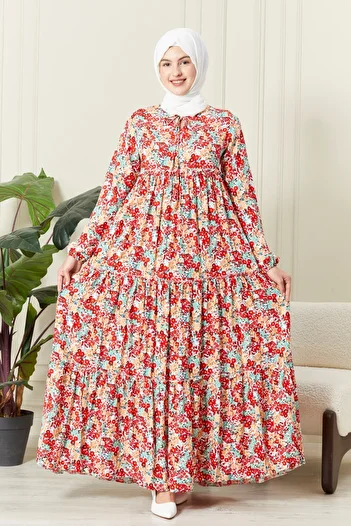 fistan Floral Pattern Viscose Dress - Layered Skirt, Hijab Collar, for Mother and Prayer
