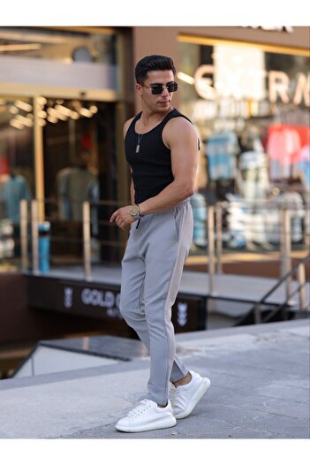 Domoda Gri Slim Fit Bağcıklı, Beli Lastikli Düz Paça, Dokulu Erkek Jogger Pantolon
