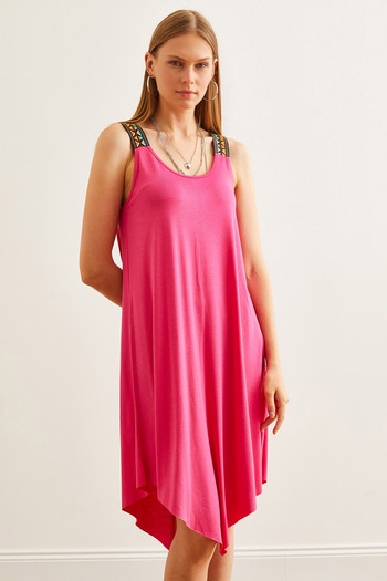 Olalook Fuchsiafarbenes asymmetrisches Damenkleid mit ethnischen Trägern - ELB- 19000612