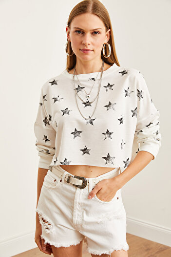 Olalook White Printed Foil Crop Sweatshirt - SWT- 19000652