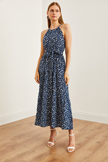 Olalook Navy Blue Floral Print Halter Neck Viscose Dress - Belted, ELB- 19001548