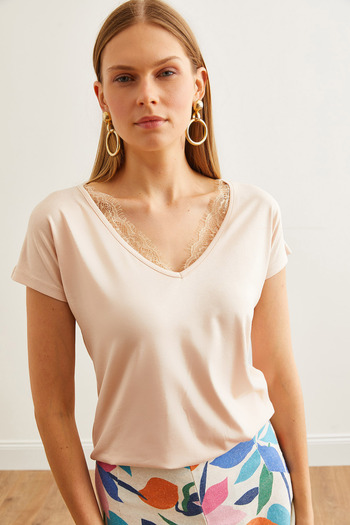 Olalook Stone Collar Lace Viscose Women's Blouse - Loose BLZ- 19000873