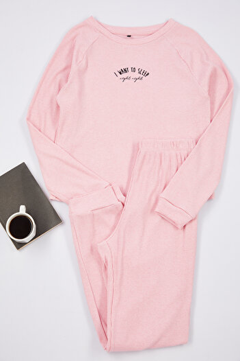 Trendyol Collection Corduroy Pajama Set - Pink, Cotton, Slogan Embroidered THMAW25PT00059