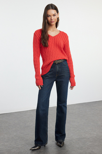 Trendyol Collection Red Cotton Knitwear Basic Sweater - TWOAW25KZ00249