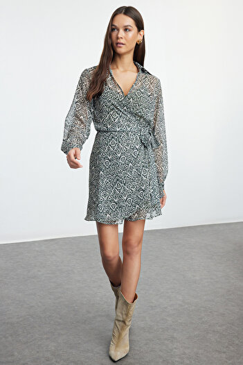 Trendyol Collection Geometric Print Double Breasted Mini Dress - Brown, Lacing Detail, Winter - Twoaw24El00488