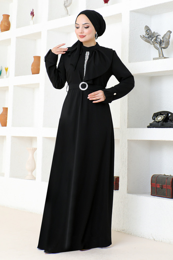 ModaMerve Black Belted Evening Dress - SHD5326
