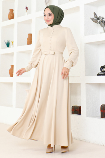 ModaMerve Stone Color Button Detail Dress DVL266
