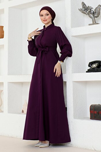 ModaMerve Purple Belted Ferace Dress - ASN172