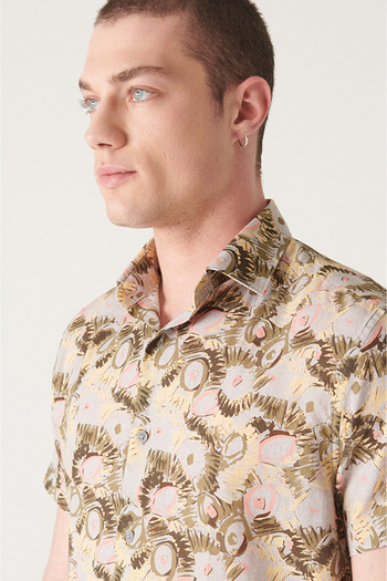 Avva Men's Khaki Printed Short Sleeve Tril Shirt A21y2100