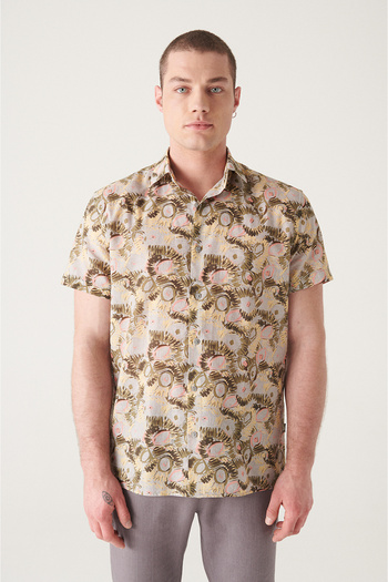 Avva Men's Khaki Printed Short Sleeve Tril Shirt A21y2100