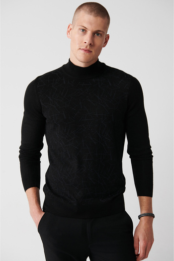 Avva Men's Black Half Turtleneck Printed Knitwear Sweater A32Y5194