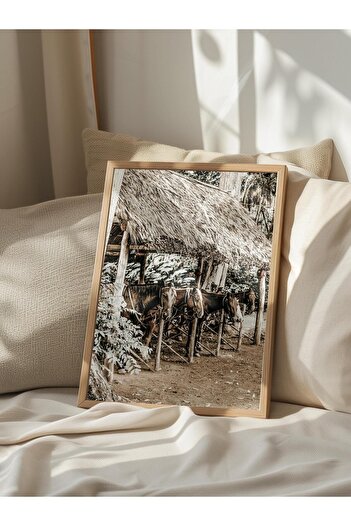 Postifull Rustic Unframed Poster, Scandinavian Brown Painting, No:134 Wooden Hut and Plants Photo, Upright