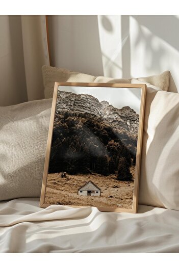 Postifull Rustic Unframed Poster, Scandinavian Brown Painting, No:25 Mountains and Small Wooden House Photo Vertical