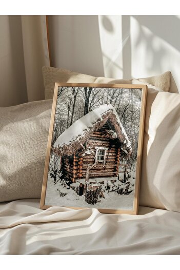 Postifull Rustic Unframed Poster, Scandinavian Brown Painting, No:112 Snow-Covered Hut Photo, Vertical