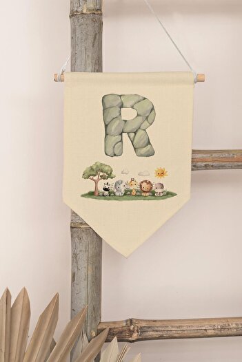 Postifull Kids Room Decor, Wall Ornament, Wooden Baby Room Decor, Canvas Pennant, Safari and Animal Letter R