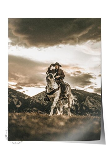 Postifull Rustic Frameless Poster, Scandinavian Brown Table, NO:85 Cowboy and Horse Photo, Vertical