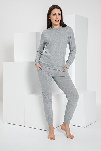 MyBen Gray Colored Pocket Long Sleeve Crew Neck Tracksuit Set 2189