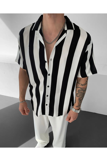 NO1 KONSEPT Viscose Short Sleeve BlacK and White Striped Shirt