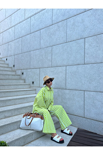minaaise 100% Cotton Fat Green White Striped Elastic Waist Trousers - 27370