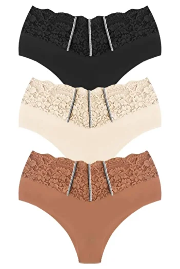 Cottonhill Chiloți de bikini pentru femei de mărime mare, cu dantelă tăiată cu laser și detaliu de piatră - Pachet de 3