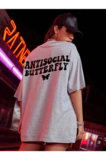 Mambo Gray Women's Antisocial Printed Oversize Combed Cotton T-Shirt