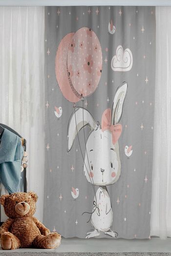 Bebişim Halı Cute Rabbit Bird And Stars Holding Balloons Double Wings Children's Room Background Curtain