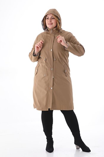 TUTveAL Collection Women's Water Resistant Plus Size Trench Coat Long Hooded Trench Coat Bonded Fabric Inside Plaid Trench Coat