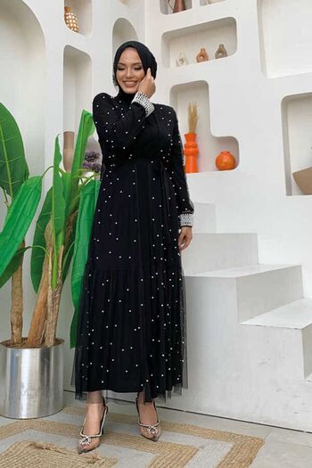 Bym Fashion Pearl Abaya And Dress Set 8491 Black