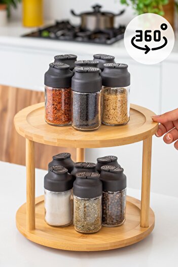 Porsima M9263-35 360° Döner Standlı Bambu Sunumluk Organizer-2 Katlı Baharatlık Düzenleyici Stand