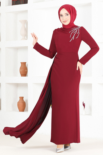 ModaMerve Burgundy Stone Evening Dress - End5561 Model