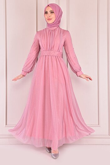 ModaMerve Glitter Pearl Detailed Powder Evening Dress - Asm2475