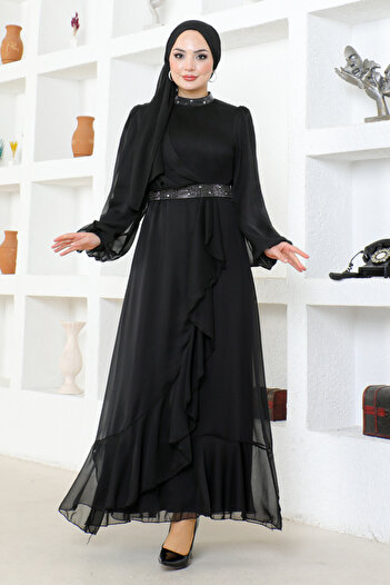 ModaMerve Black Chiffon Evening Dress - END5608 Model
