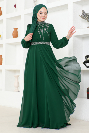 ModaMerve Emerald Chiffon Evening Dress - MSL52885