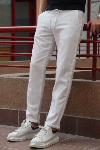inpool Men's, Waist Lace-up, Standard-fit, Cotton, Linen Woven Trousers