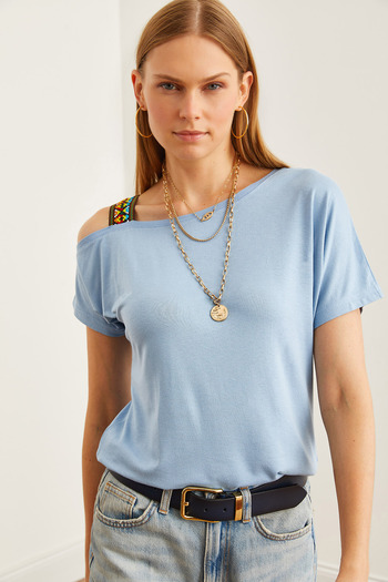 Olalook Baby Blue Single Shoulder Ethnic Women's Blouse - BLZ- 19000194